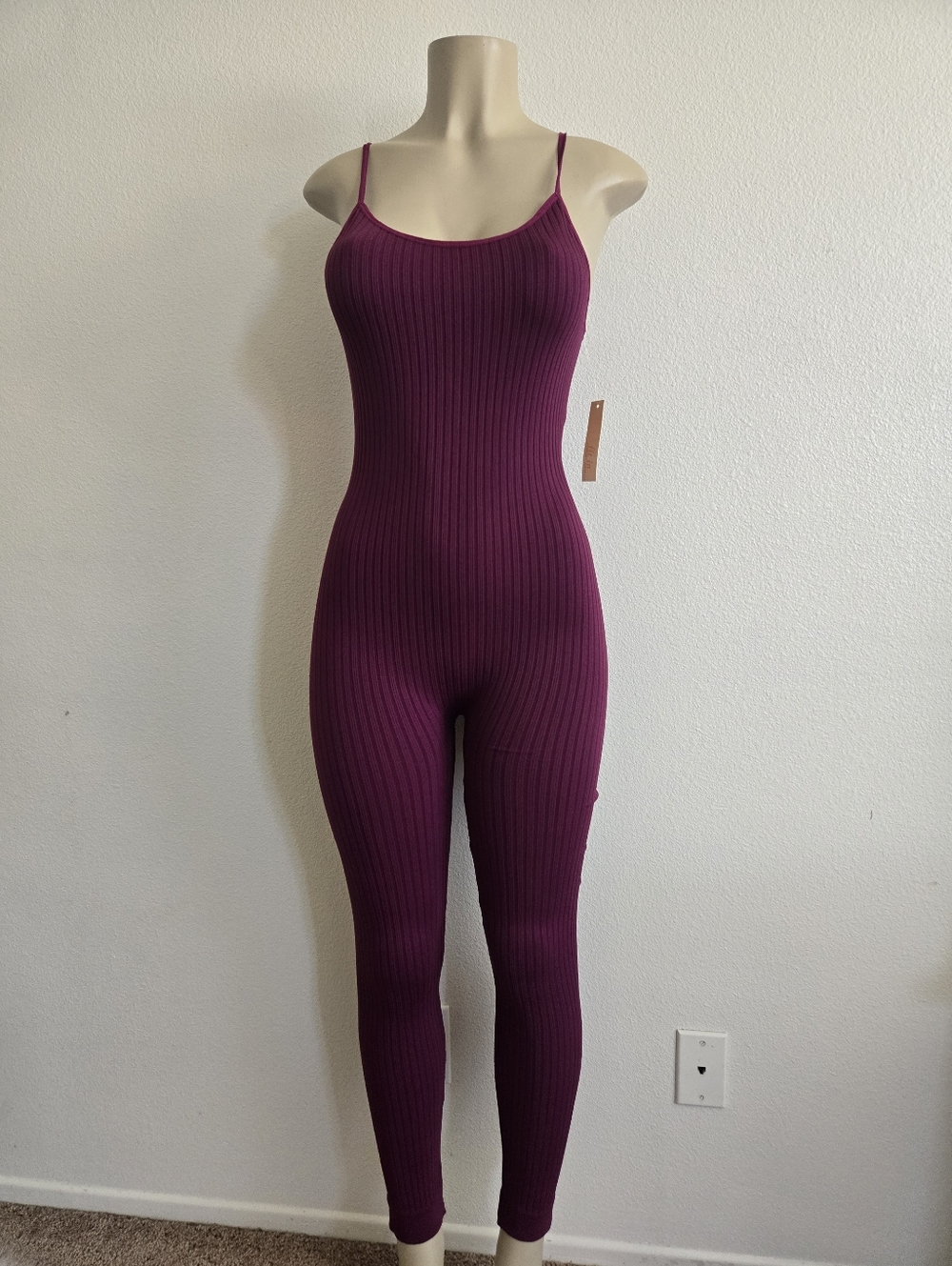 Ribbed Spaghetti Strap Jumpsuit in Deep Plum